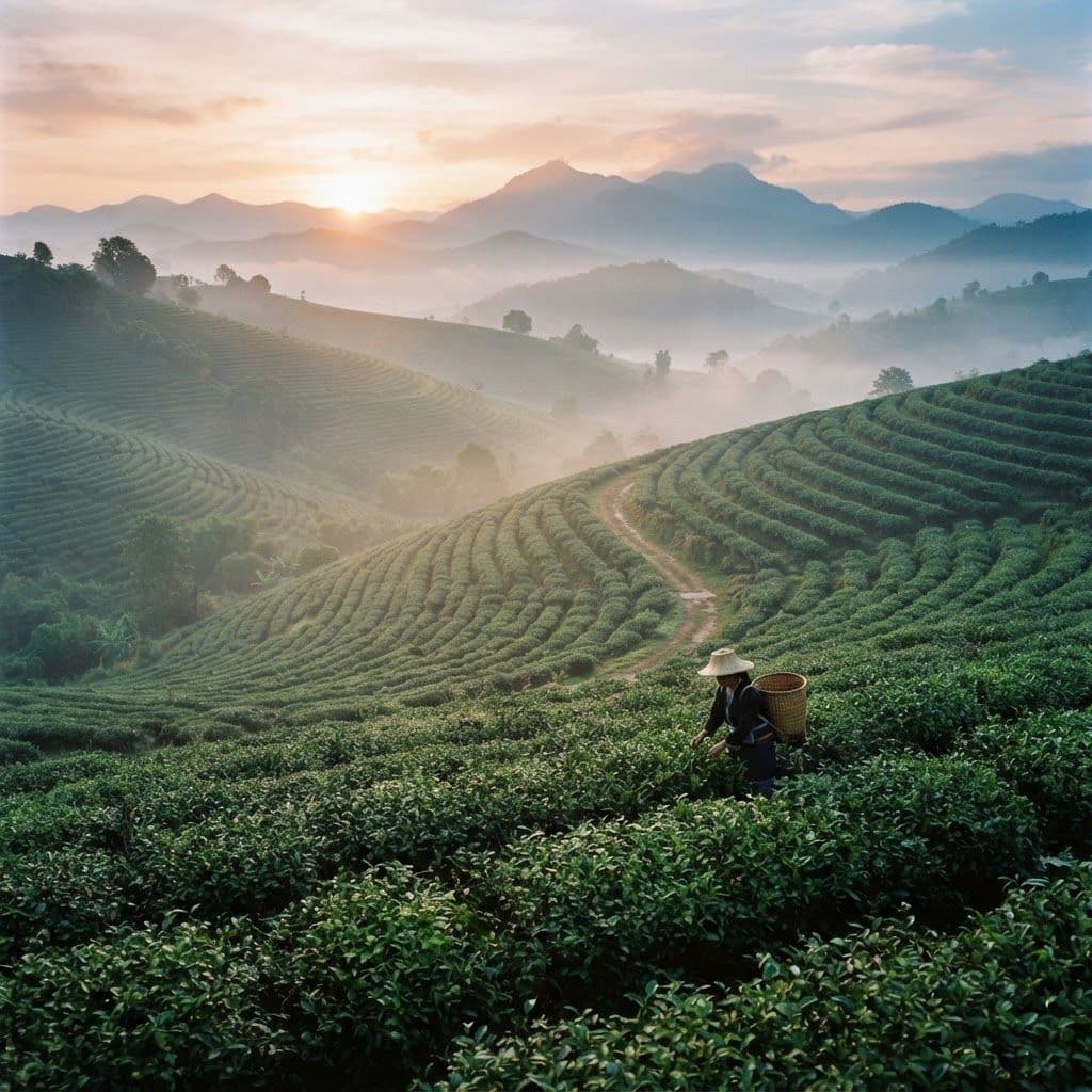 Đồi trà Mae Salong trong sương sớm với người hái trà
